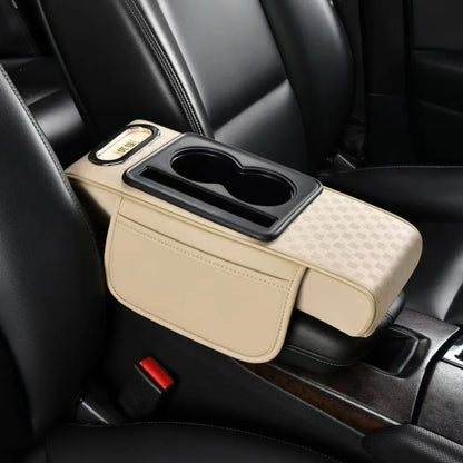 Car Center Console Height Increasing Armrest Cushion Multifunctional PU Leather Armrest Pad with Cup Holder Tissue Box Universal