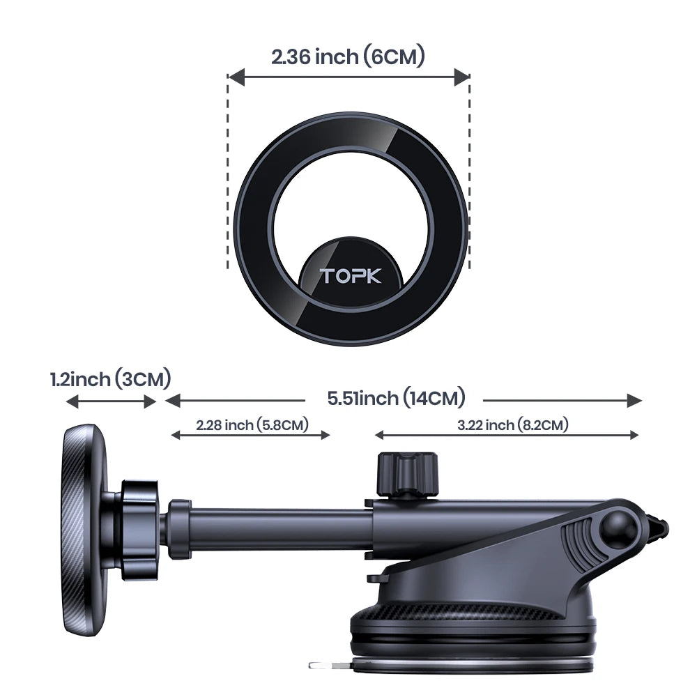 TOPK Magnetic Car Phone Holder for magsafe,N52 Strong Magnet Dashboard Suction Cup Car Phone Holder & Adjustable Telescopic Arm