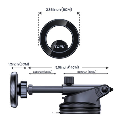 TOPK Magnetic Car Phone Holder for magsafe,N52 Strong Magnet Dashboard Suction Cup Car Phone Holder & Adjustable Telescopic Arm