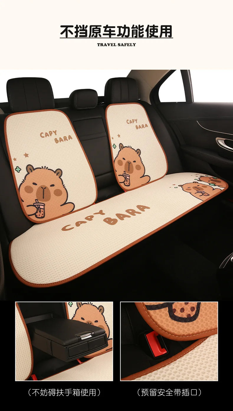Universal Car Seat Covers Cute Capybara Design Comfortable Breathable Mesh Fabric Four Leaf Clover Pattern for All Seasons