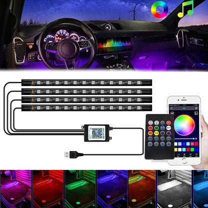 Car Interior Ambient Light Kit RGB LED Foot Strip Light Music Sync with App Remote Music Control Cig/USB Auto Decorative Lamps