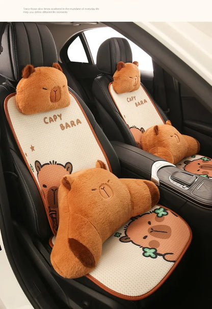 Universal Car Seat Covers Cute Capybara Design Comfortable Breathable Mesh Fabric Four Leaf Clover Pattern for All Seasons