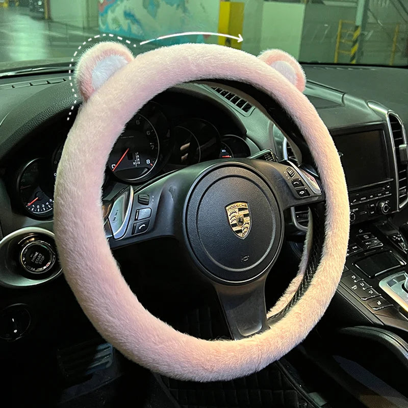 Plush Car Steering Wheel Cover Cartoon Cute Bear Ears Steering Wheel Cover Winter Warm and Comfortable Steering Wheel Cover
