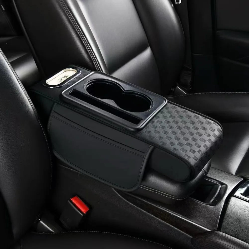 Car Center Console Height Increasing Armrest Cushion Multifunctional PU Leather Armrest Pad with Cup Holder Tissue Box Universal