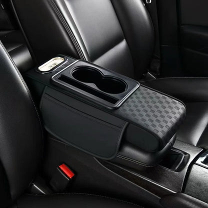 Car Center Console Height Increasing Armrest Cushion Multifunctional PU Leather Armrest Pad with Cup Holder Tissue Box Universal