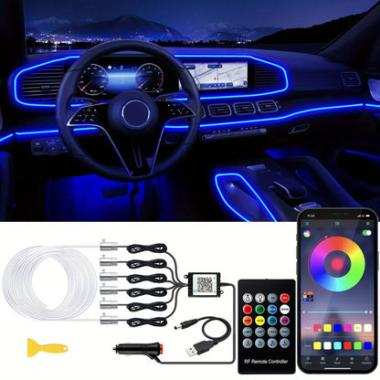 RGB LED Car Ambient Light Kit 6 in 1 Fiber Optic Interior Strip with APP Remote Control Music Sync Neon Mood Dashboard FootLight