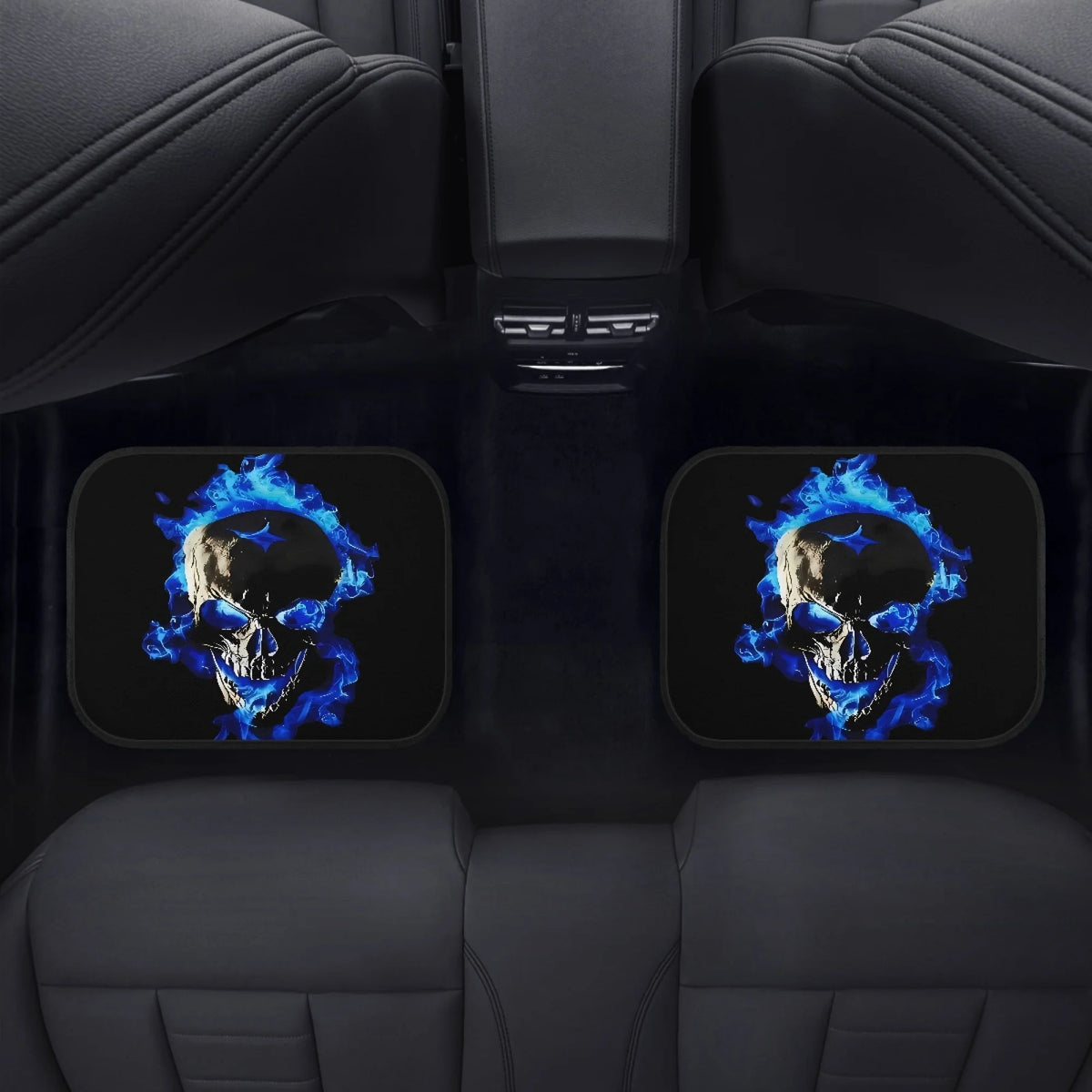 4pcs Skull with Blue Flames Car Floor Mats - Universal Fit, Washable Polyester Material, Ideal Automotive Gift
