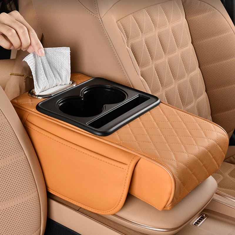 Portable Center Console Armrest Cushion Leather With Cup Holder Tissue Box Car Armrest Pillow Multifunctional Parts & Accessorie