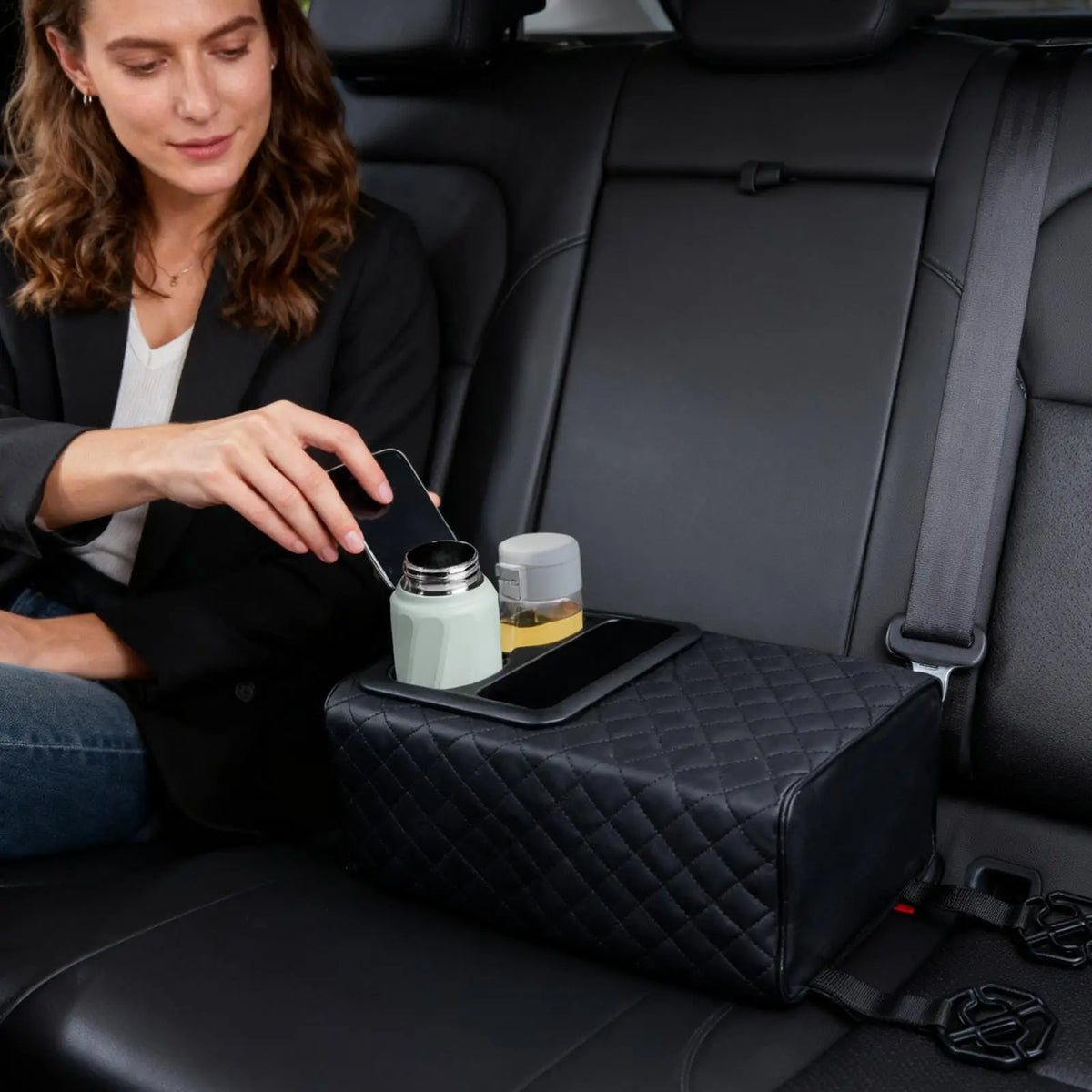 Car Armrest Box Cushion, Auto Center Console Armrest Cushion With 2 Cup Holder PU Leather Armrest Pad Portable Car Amrest