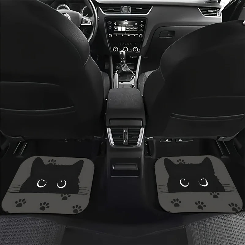 Car Floor Mats, Cute Black Cat Car Floor Mats, Charming Cat Printed Anti Slip Mats with Big Eyes, Universal Car Floor Mats