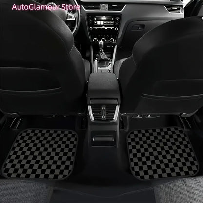 Set of Four Universal Car Floor Mats Featuring a Plaid Design in Black, Gray, And Yellow. They Are Absorbent, Non-Slip, Washable