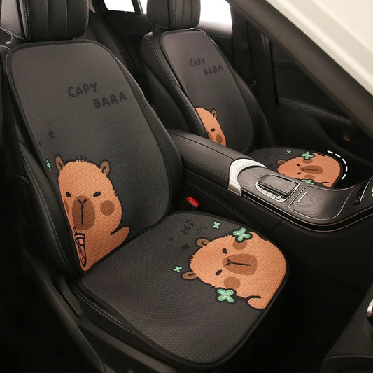 Universal Car Seat Covers Cute Capybara Design Comfortable Breathable Mesh Fabric Four Leaf Clover Pattern for All Seasons