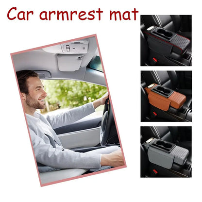 Car Center Console Height Increasing Armrest Cushion Multifunctional PU Leather Armrest Pad with Cup Holder Tissue Box Universal