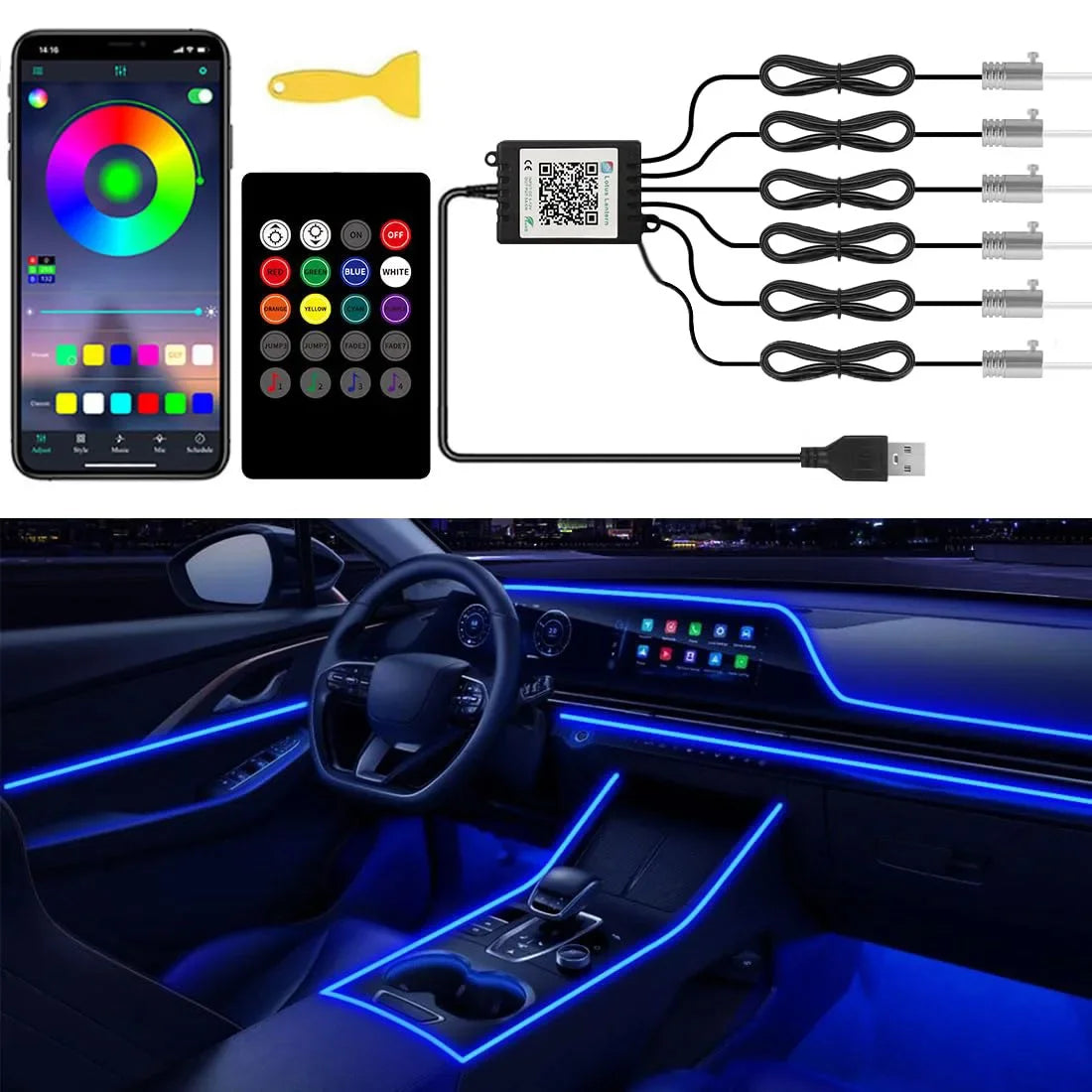 RGB LED Car Ambient Light Kit 6 in 1 Fiber Optic Interior Strip with APP Remote Control Music Sync Neon Mood Dashboard FootLight