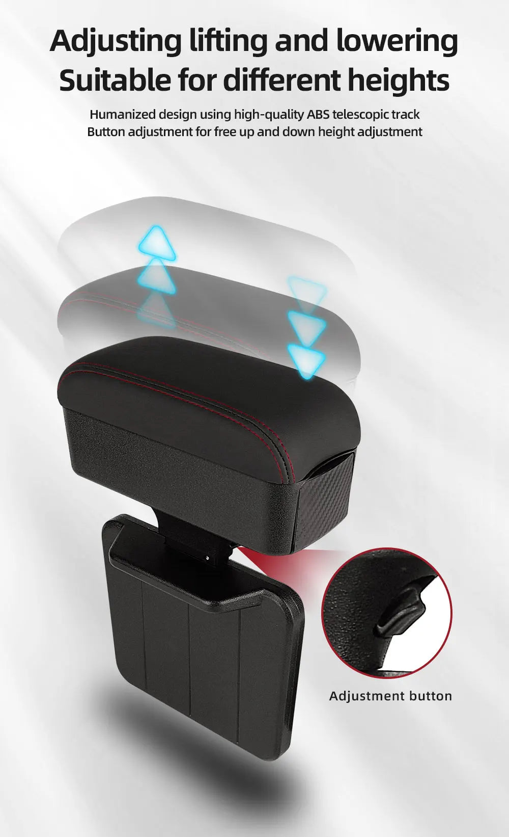 Height Adjustable Car Center Console Gap Storage Organizer with Liftable Tray Elbow Support Armrest Pad for SUV Sedan