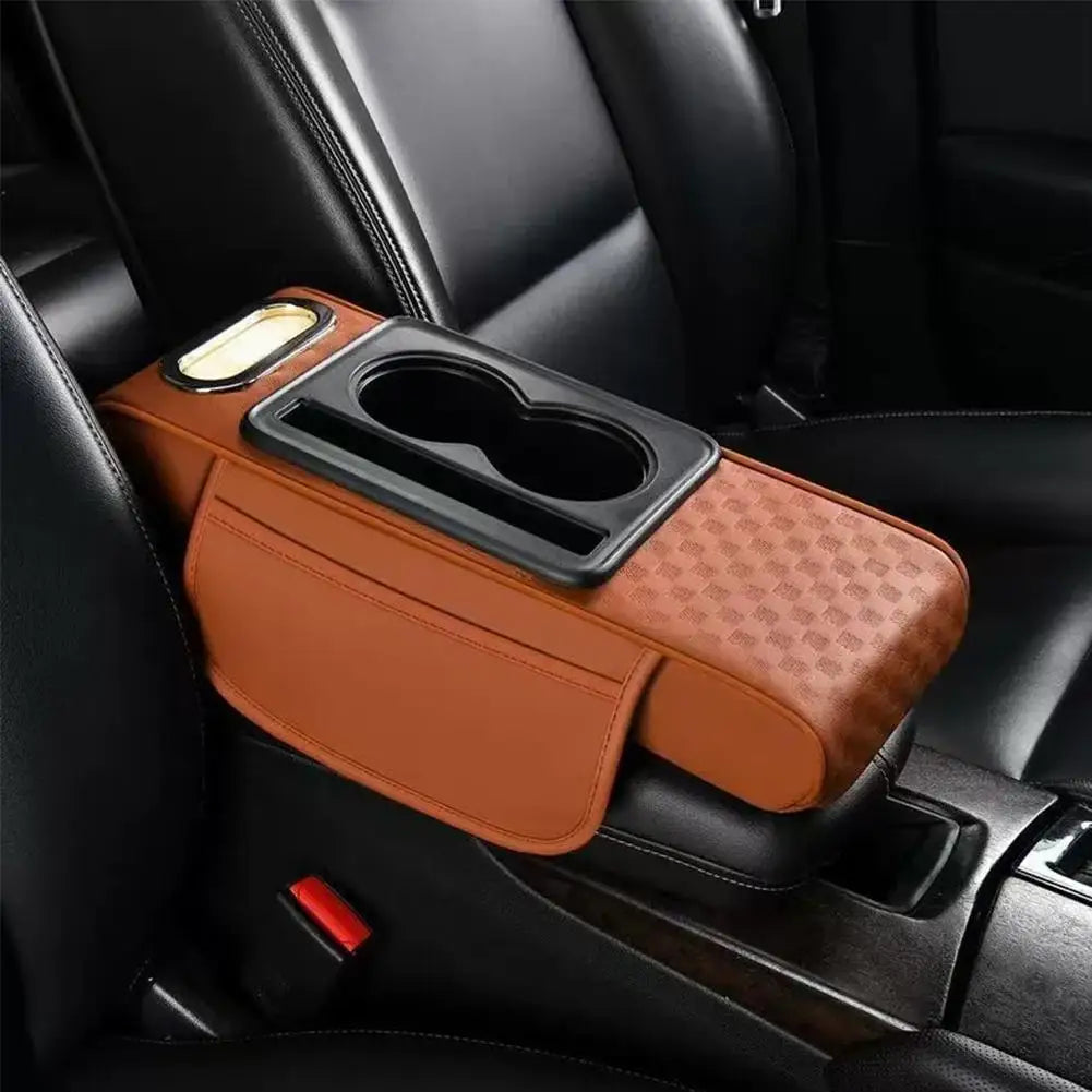 Car Center Console Height Increasing Armrest Cushion Multifunctional PU Leather Armrest Pad with Cup Holder Tissue Box Universal