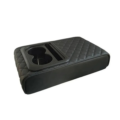 Car Armrest Box Cushion, Auto Center Console Armrest Cushion With 2 Cup Holder PU Leather Armrest Pad Portable Car Amrest