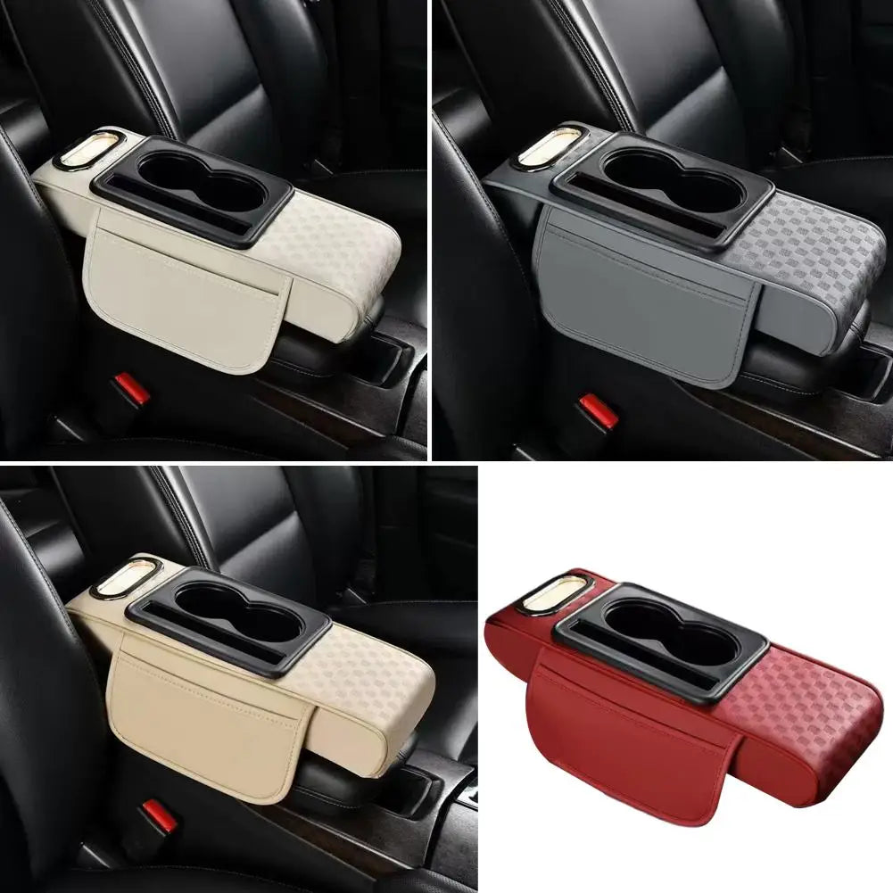 Multifunctional Car Armrest Cushion with Cup Holder & Tissue Pocket, Universal Auto Center Console Armrest Pad Heightening Mat