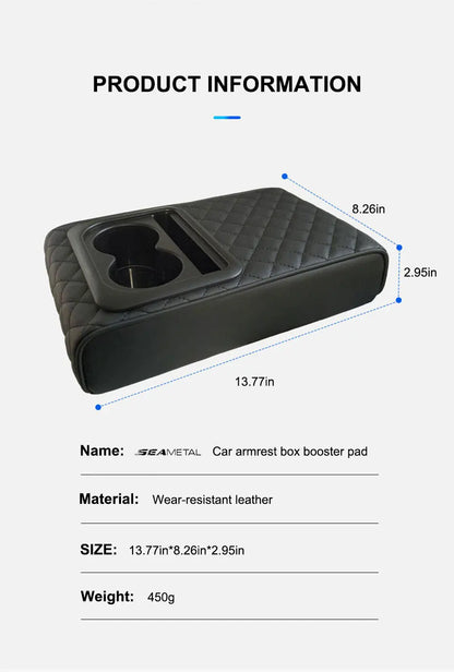SEAMETAL Universal Car Center Console Armrest Pad PU Leather Armrest Heightening Cushion with 2 Cup Holders Storage Organizer