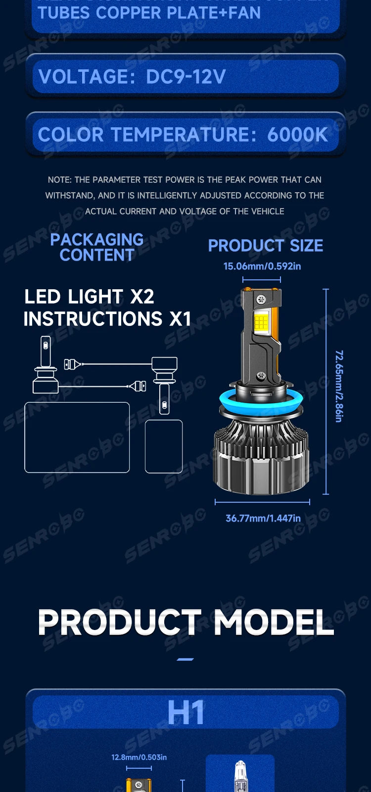 Kit Lâmpada LED Alta Potência H7/H11/H1/H4 6000K - 2 Peças 12V
