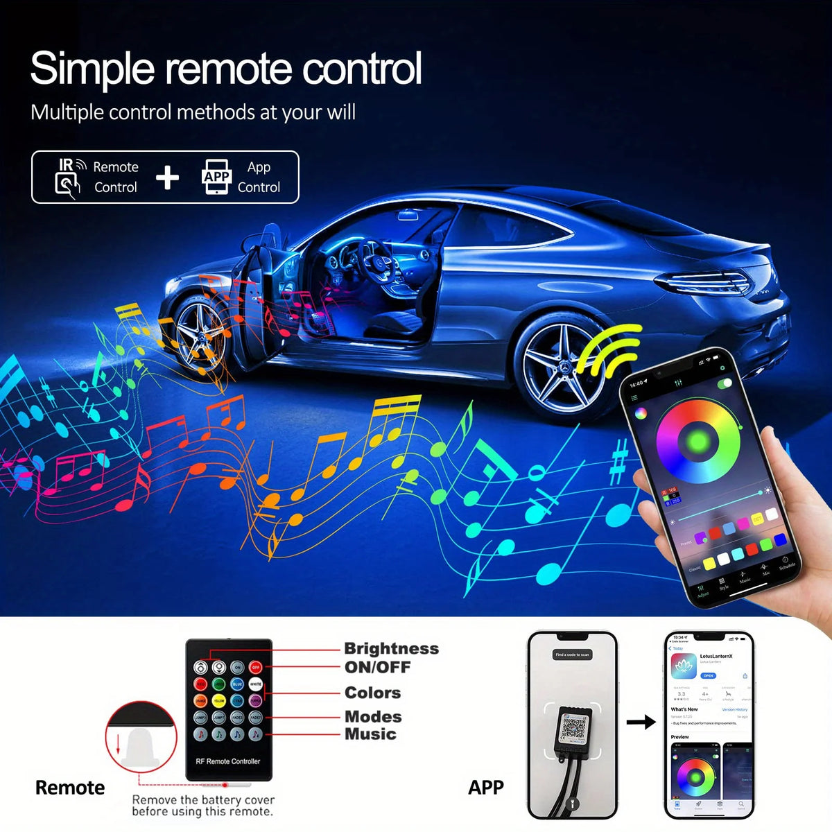 RGB LED Car Ambient Light Kit 6 in 1 Fiber Optic Interior Strip with APP Remote Control Music Sync Neon Mood Dashboard FootLight