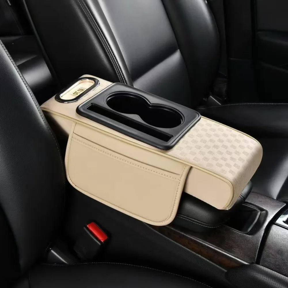 Car Center Console Height Increasing Armrest Cushion Multifunctional PU Leather Armrest Pad with Cup Holder Tissue Box Universal