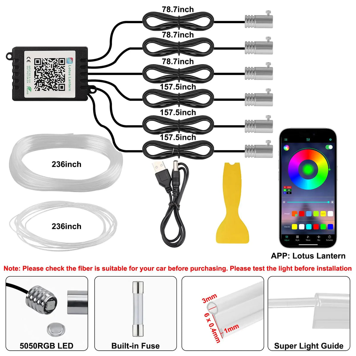 RGB LED Car Ambient Light Kit 6 in 1 Fiber Optic Interior Strip with APP Remote Control Music Sync Neon Mood Dashboard FootLight