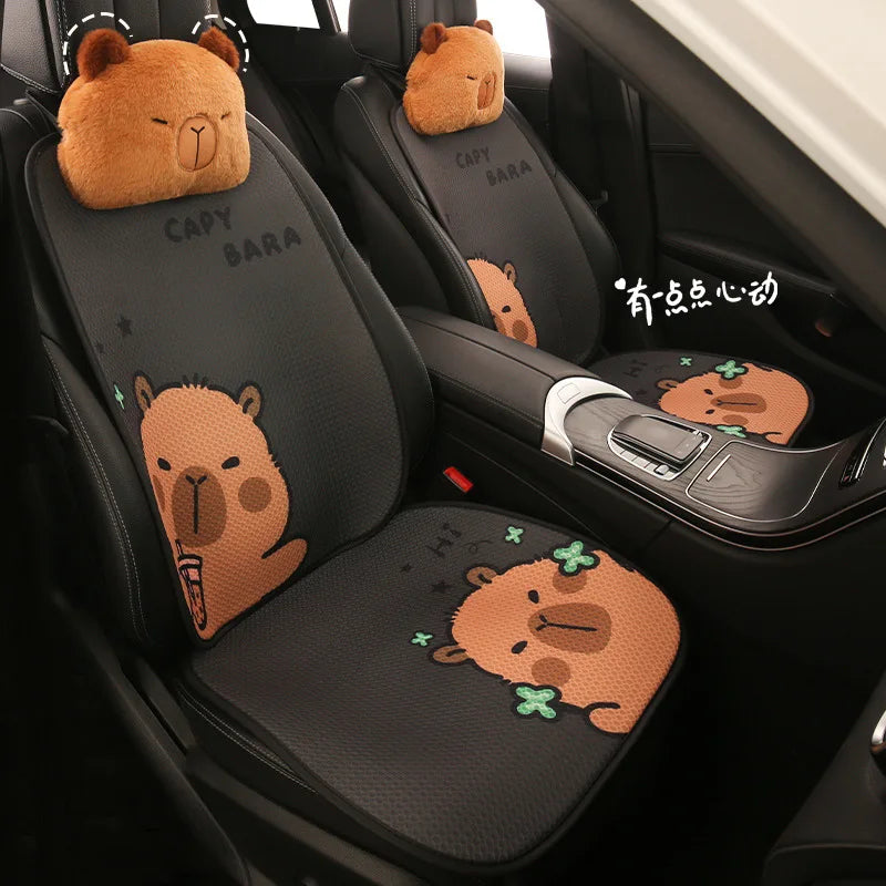 Universal Car Seat Covers Cute Capybara Design Comfortable Breathable Mesh Fabric Four Leaf Clover Pattern for All Seasons