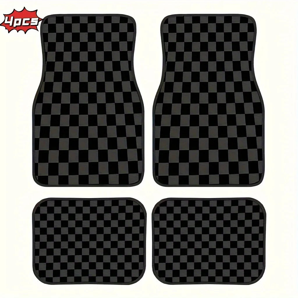 Set of Four Universal Car Floor Mats Featuring a Plaid Design in Black, Gray, And Yellow. They Are Absorbent, Non-Slip, Washable