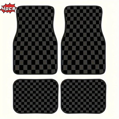 Set of Four Universal Car Floor Mats Featuring a Plaid Design in Black, Gray, And Yellow. They Are Absorbent, Non-Slip, Washable