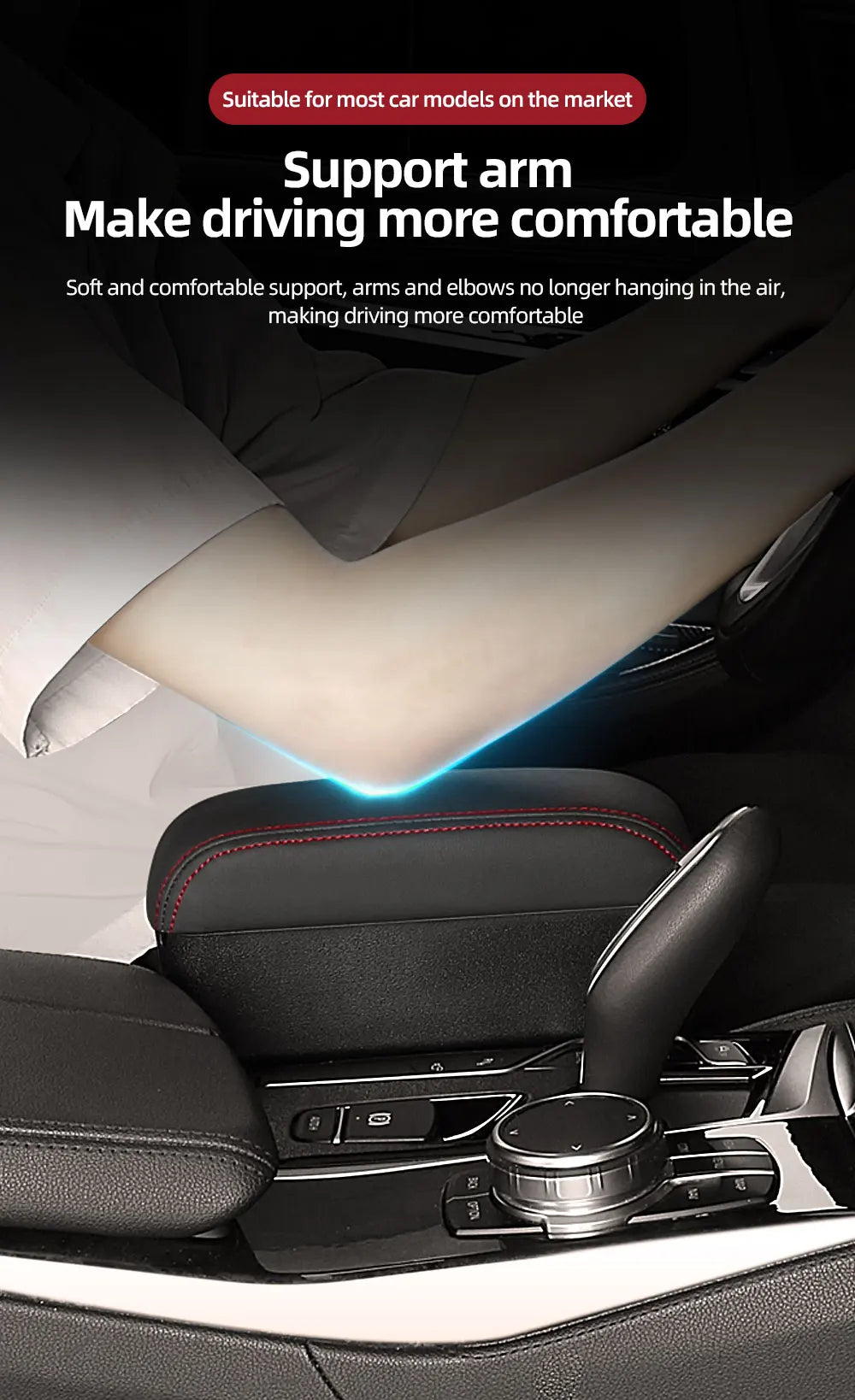 Height Adjustable Car Center Console Gap Storage Organizer with Liftable Tray Elbow Support Armrest Pad for SUV Sedan