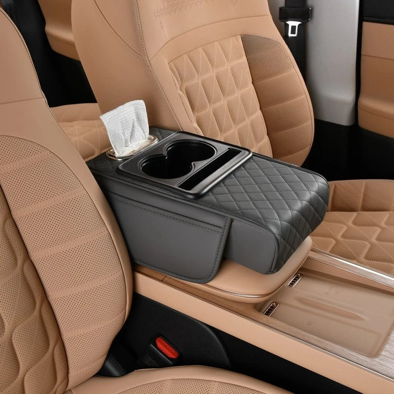 Auto Center Console Armrest Cushion With 2 Cup Holder PU Leather Armrest Pad Portable Car Amrest Pillow Cover Height Pad