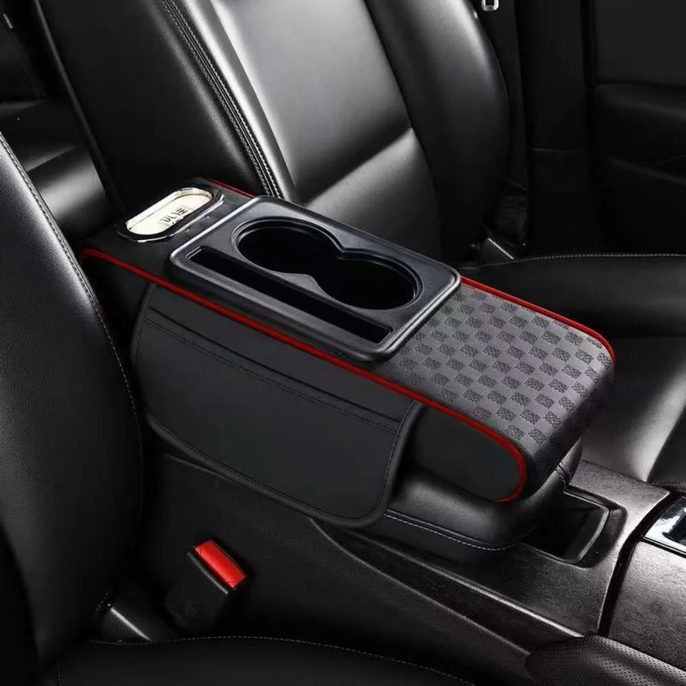 Car Center Console Height Increasing Armrest Cushion Multifunctional PU Leather Armrest Pad with Cup Holder Tissue Box Universal
