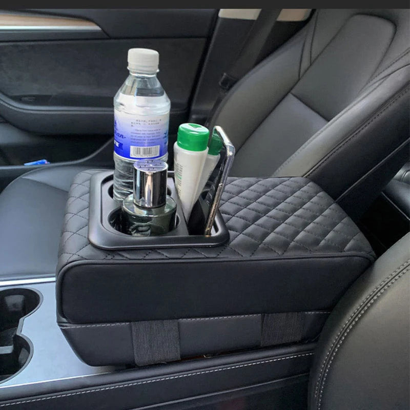 SEAMETAL Universal Car Center Console Armrest Pad PU Leather Armrest Heightening Cushion with 2 Cup Holders Storage Organizer