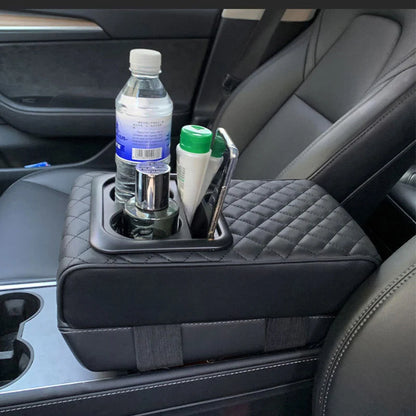 SEAMETAL Universal Car Center Console Armrest Pad PU Leather Armrest Heightening Cushion with 2 Cup Holders Storage Organizer