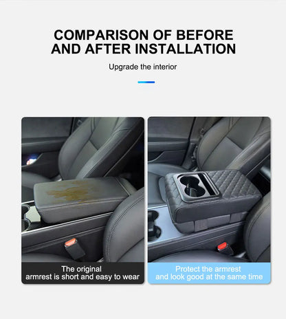 SEAMETAL Universal Car Center Console Armrest Pad PU Leather Armrest Heightening Cushion with 2 Cup Holders Storage Organizer