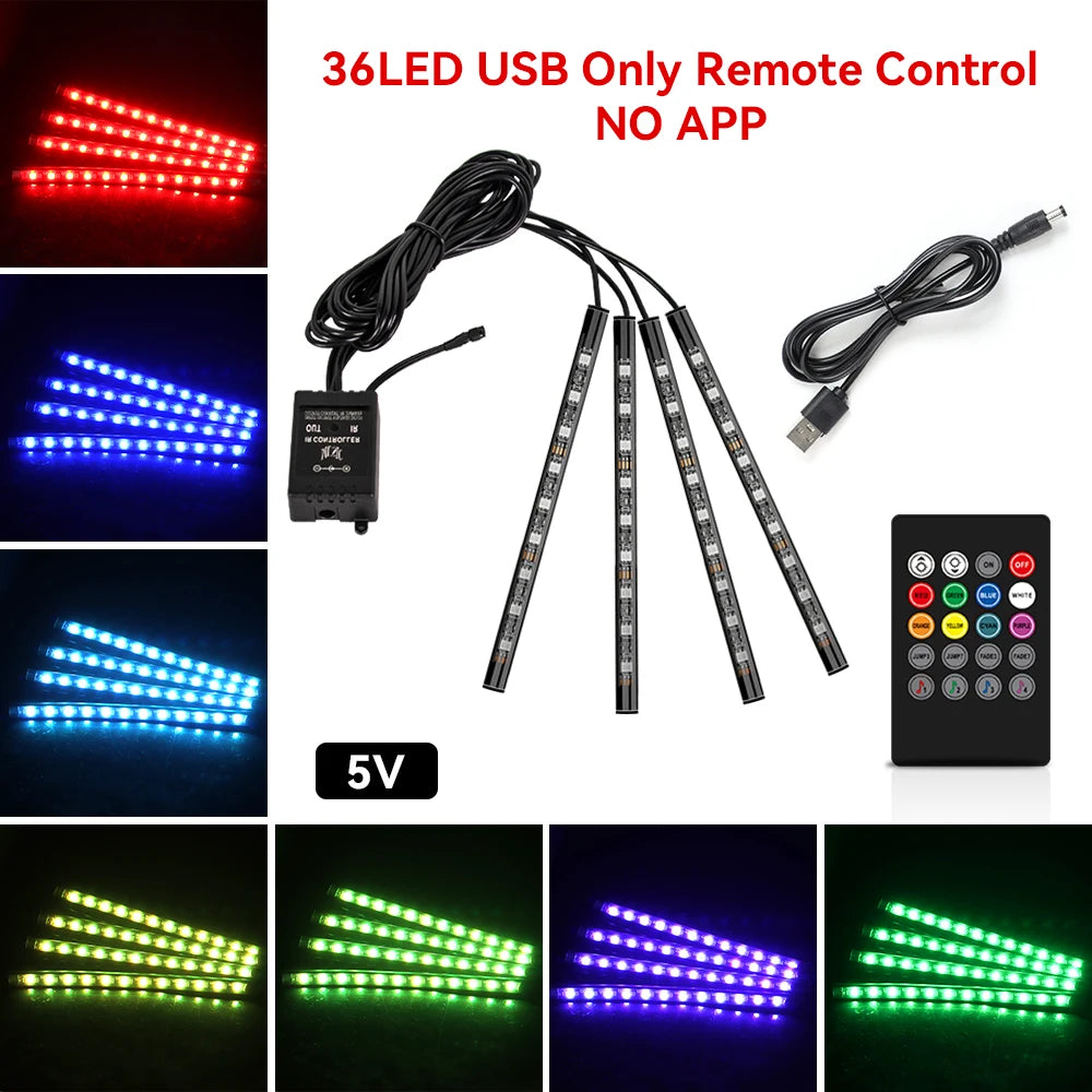 Kit de Fitas de LED RGB para Iluminação Ambiente dos Pés do Carro – Alimentação via USB (Acendedor de Cigarros), Controle e Decoração para o Interior do Veículo