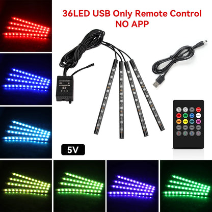 Kit de Fitas de LED RGB para Iluminação Ambiente dos Pés do Carro – Alimentação via USB (Acendedor de Cigarros), Controle e Decoração para o Interior do Veículo