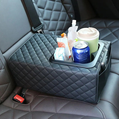 Car Armrest Box Cushion, Auto Center Console Armrest Cushion With 2 Cup Holder PU Leather Armrest Pad Portable Car Amrest