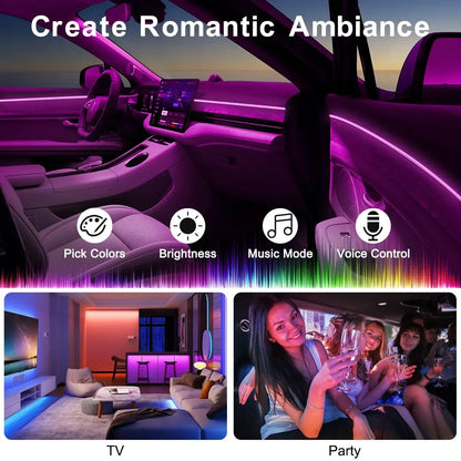 RGB LED Car Ambient Light Kit 6 in 1 Fiber Optic Interior Strip with APP Remote Control Music Sync Neon Mood Dashboard FootLight