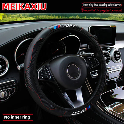 Carbon Fiber Leather Sport Steering Wheel Cover Rimless Universal Fit for 14.5-15 Inch Car Steering Wheels Decorative Accessory