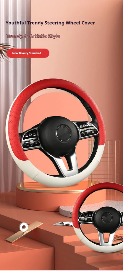 Steering Wheel Cover Breathable Non Slip Nappa Leather All Season Universal For Car Interior Wear Resistant Protective Cover