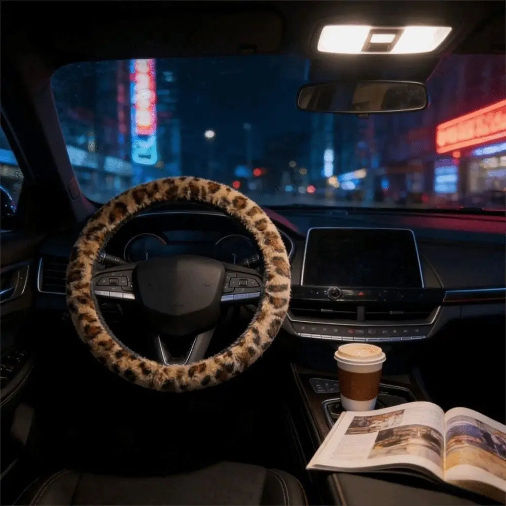 Leopard Steering Wheel Cover Winter Plush Soft Comfortable Fur Steering Wheel Cover 38cm Universal Car Steering Wheel Cover