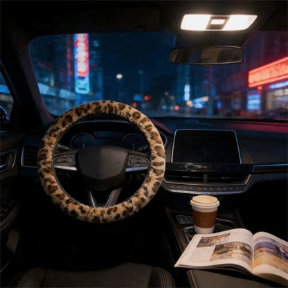 Leopard Steering Wheel Cover Winter Plush Soft Comfortable Fur Steering Wheel Cover 38cm Universal Car Steering Wheel Cover