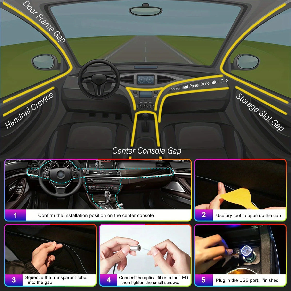 RGB LED Car Ambient Light Kit 6 in 1 Fiber Optic Interior Strip with APP Remote Control Music Sync Neon Mood Dashboard FootLight