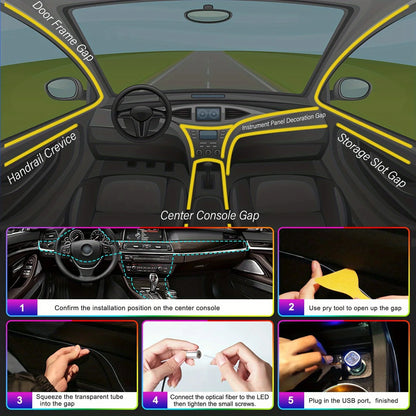 RGB LED Car Ambient Light Kit 6 in 1 Fiber Optic Interior Strip with APP Remote Control Music Sync Neon Mood Dashboard FootLight