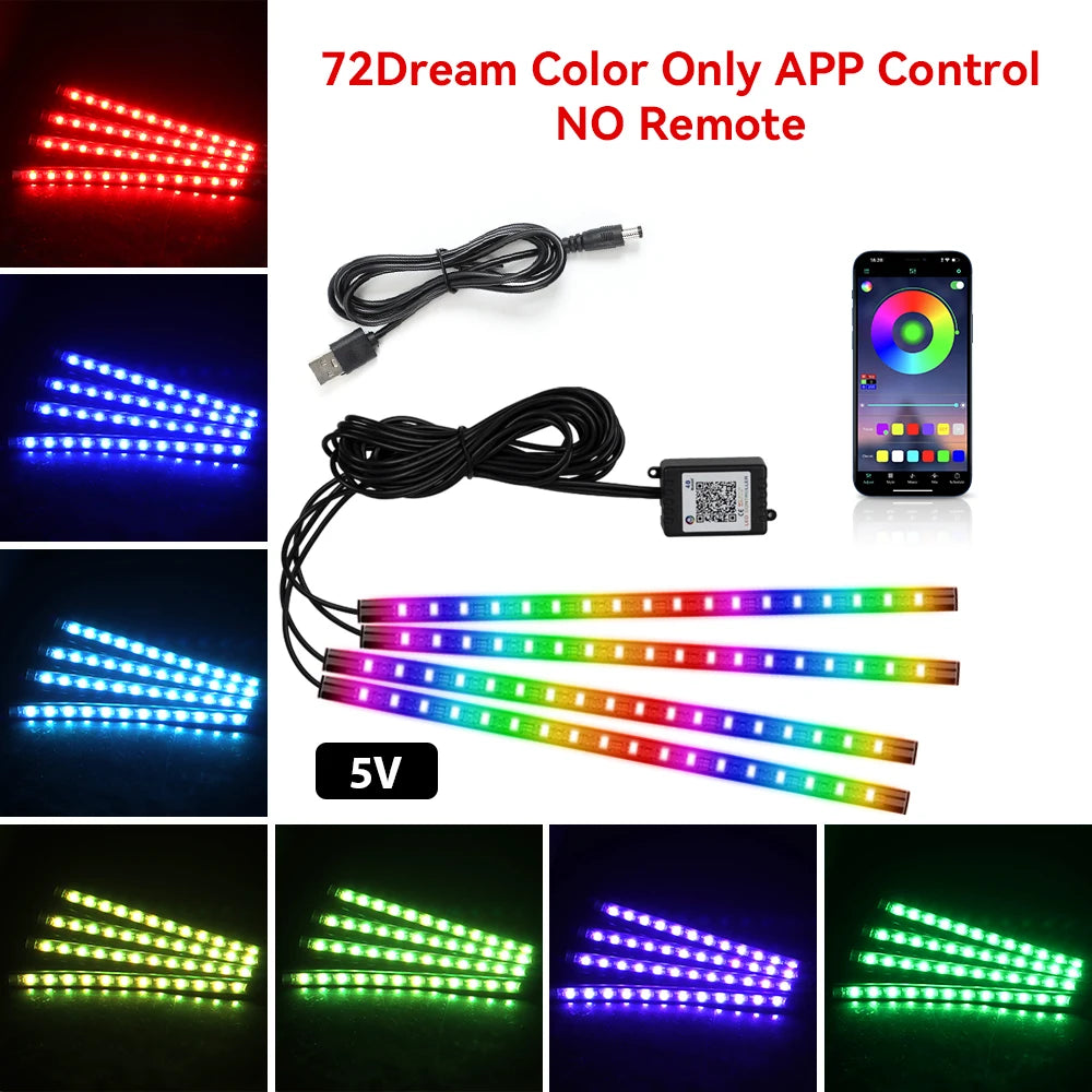 Car Interior Ambient Light Kit RGB LED Foot Strip Light Music Sync with App Remote Music Control Cig/USB Auto Decorative Lamps