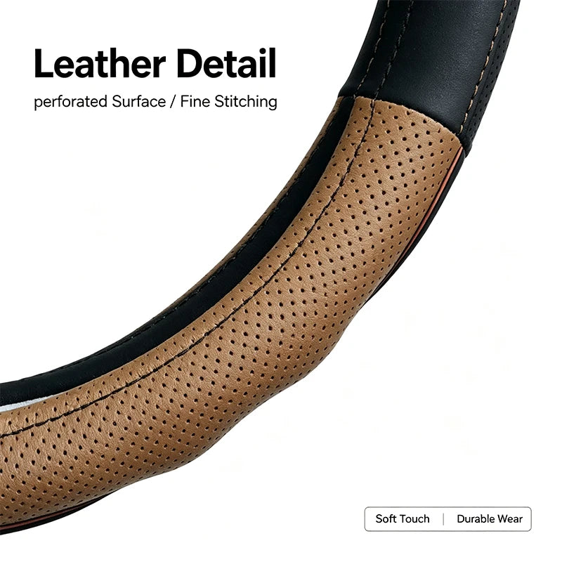 Car Steering Wheel Cover – Black Stitching, 38cm Round Outer Diameter, Anti-Slip & Wear-Resistant, Comfortable Grip