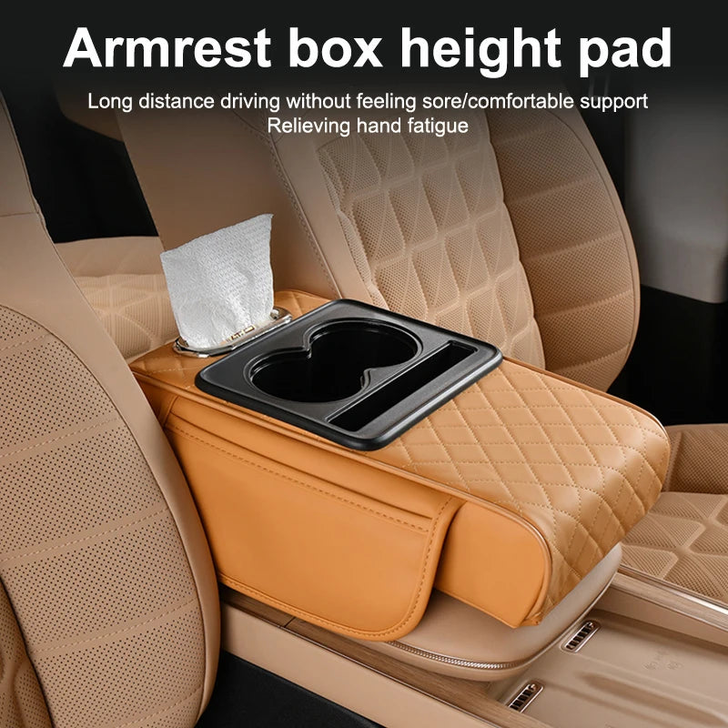 Portable Center Console Armrest Cushion Leather With Cup Holder Tissue Box Car Armrest Pillow Multifunctional Parts & Accessorie