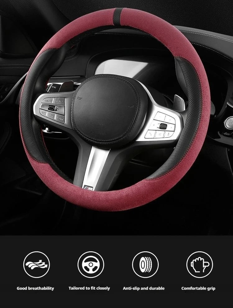 Steering Wheel Cover Suede D Shape Wine Red Four Seasons Breathable Non Slip Sweat Absorbent Comfortable Car Steering Protector